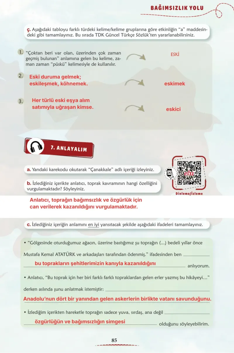 6. Sınıf Türkçe Ders Kitabı Cevapları Meb Yayınları 1. Kitap Sayfa 85 Çözüm Görseli