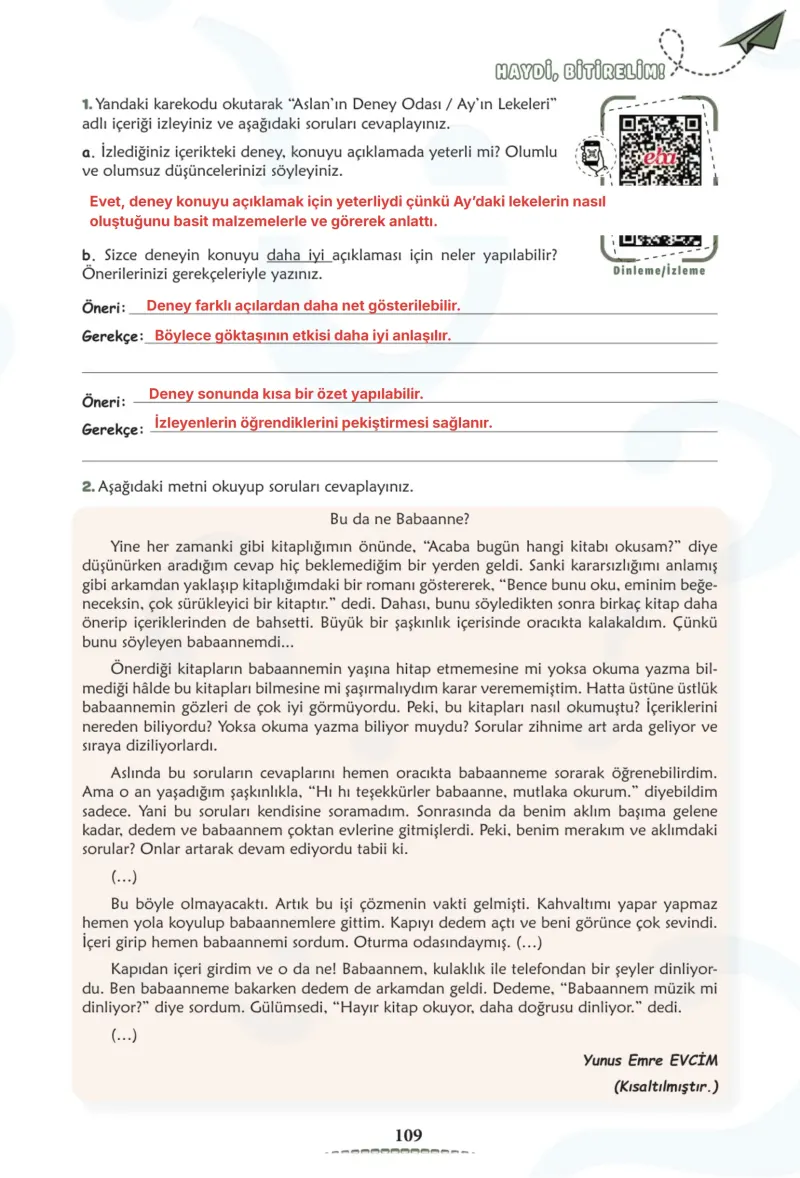 6. Sınıf Türkçe Ders Kitabı Cevapları Meb Yayınları 2. Kitap Sayfa 109 Çözüm Görseli