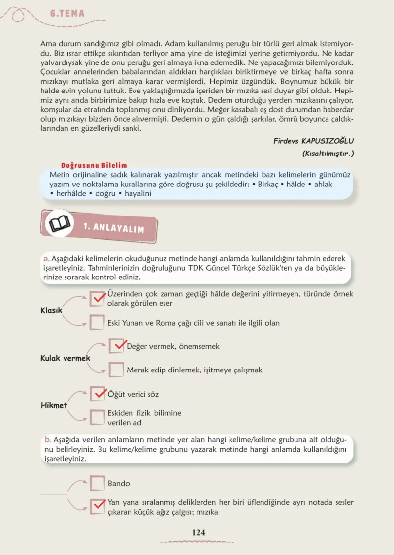 6. Sınıf Türkçe Ders Kitabı Cevapları Meb Yayınları 2. Kitap Sayfa 124 Çözüm Görseli