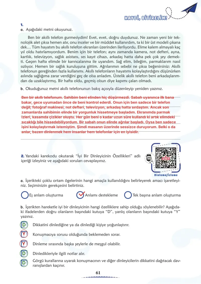 6. Sınıf Türkçe Ders Kitabı Cevapları Meb Yayınları 2. Kitap Sayfa 61 Çözüm Görseli