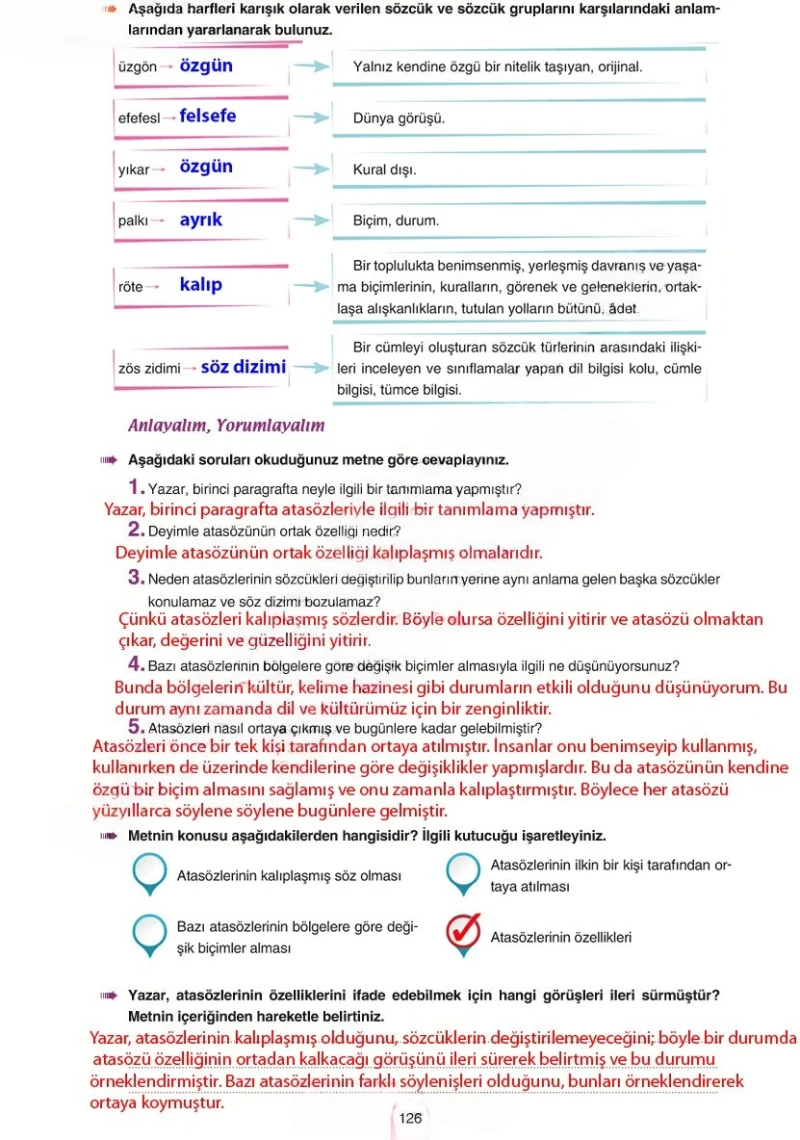 6. Sınıf Türkçe Ders Kitabı Cevapları Yıldırım Yayınları Sayfa 126 Çözüm Görseli