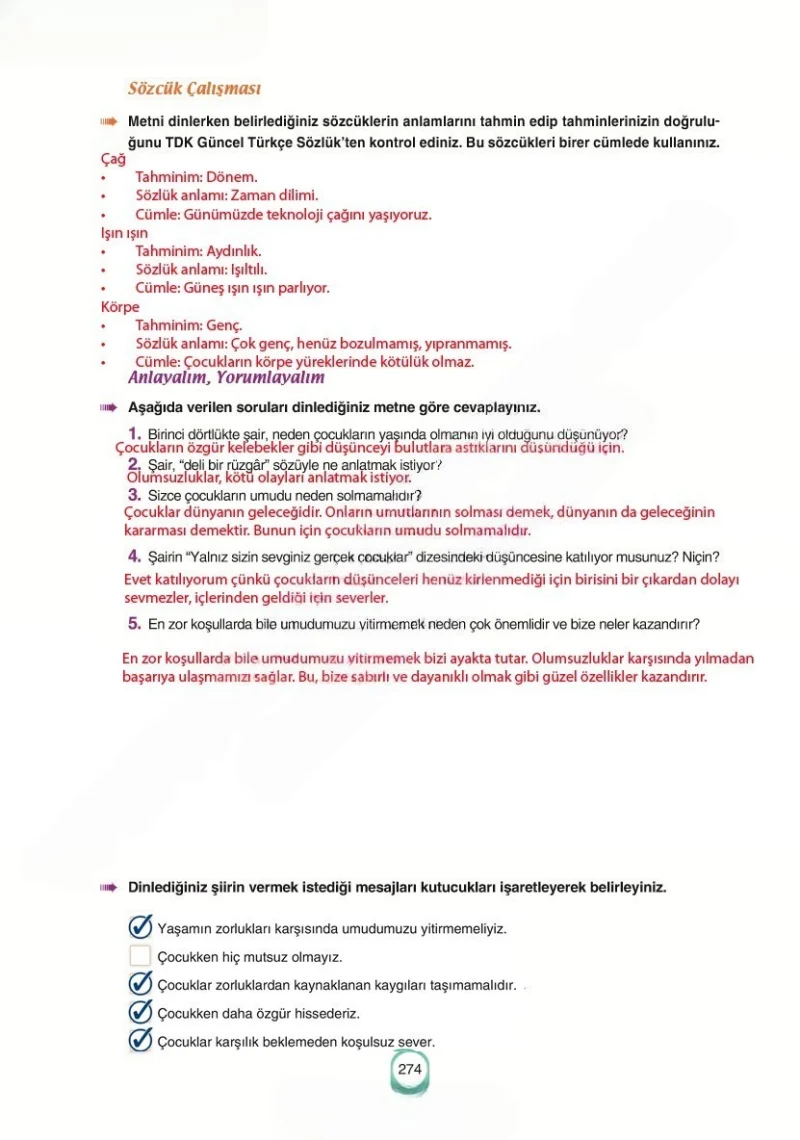 6. Sınıf Türkçe Ders Kitabı Cevapları Yıldırım Yayınları Sayfa 274 Çözüm Görseli