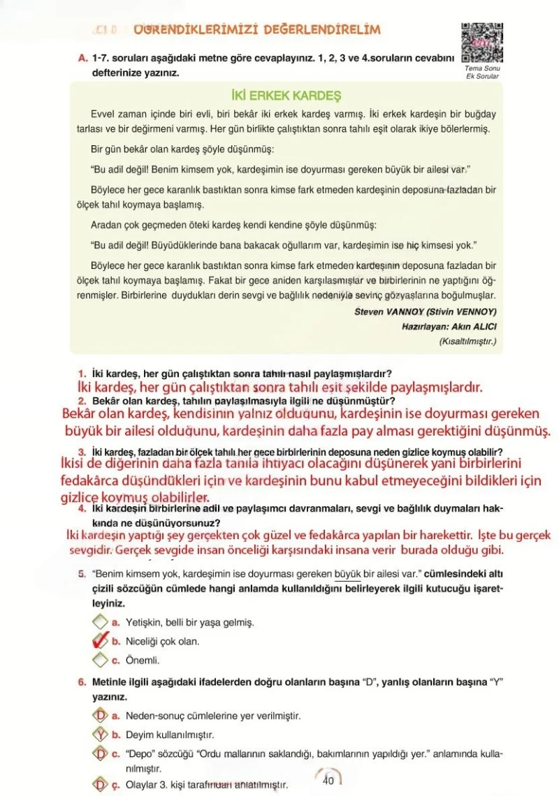 6. Sınıf Türkçe Ders Kitabı Cevapları Yıldırım Yayınları Sayfa 40 Çözüm Görseli