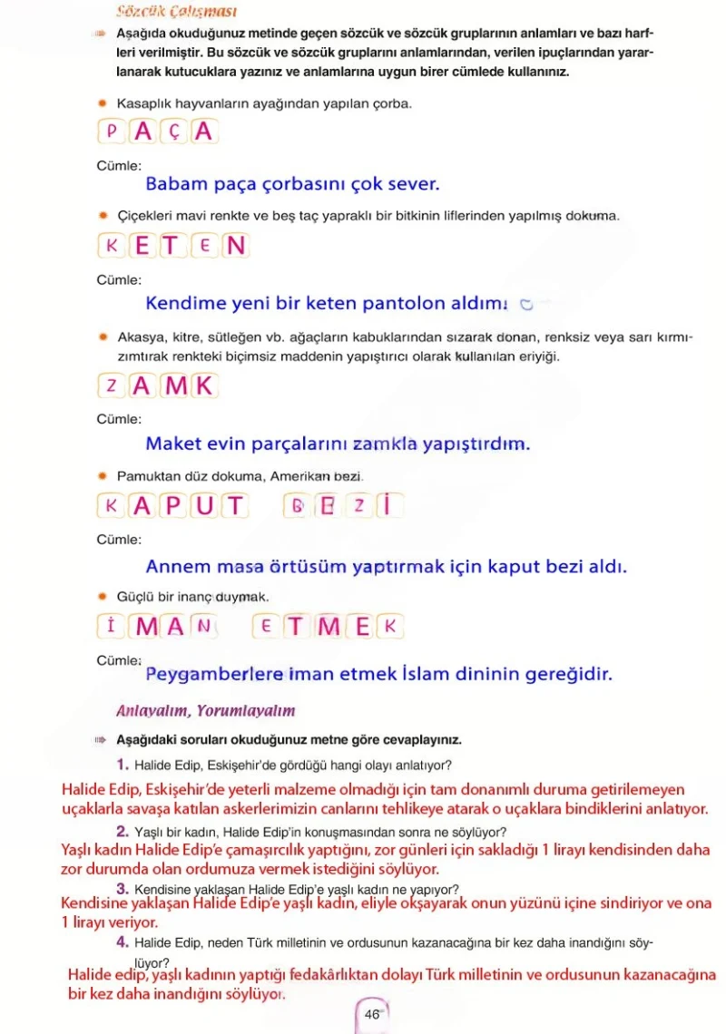 6. Sınıf Türkçe Ders Kitabı Cevapları Yıldırım Yayınları Sayfa 46 Çözüm Görseli