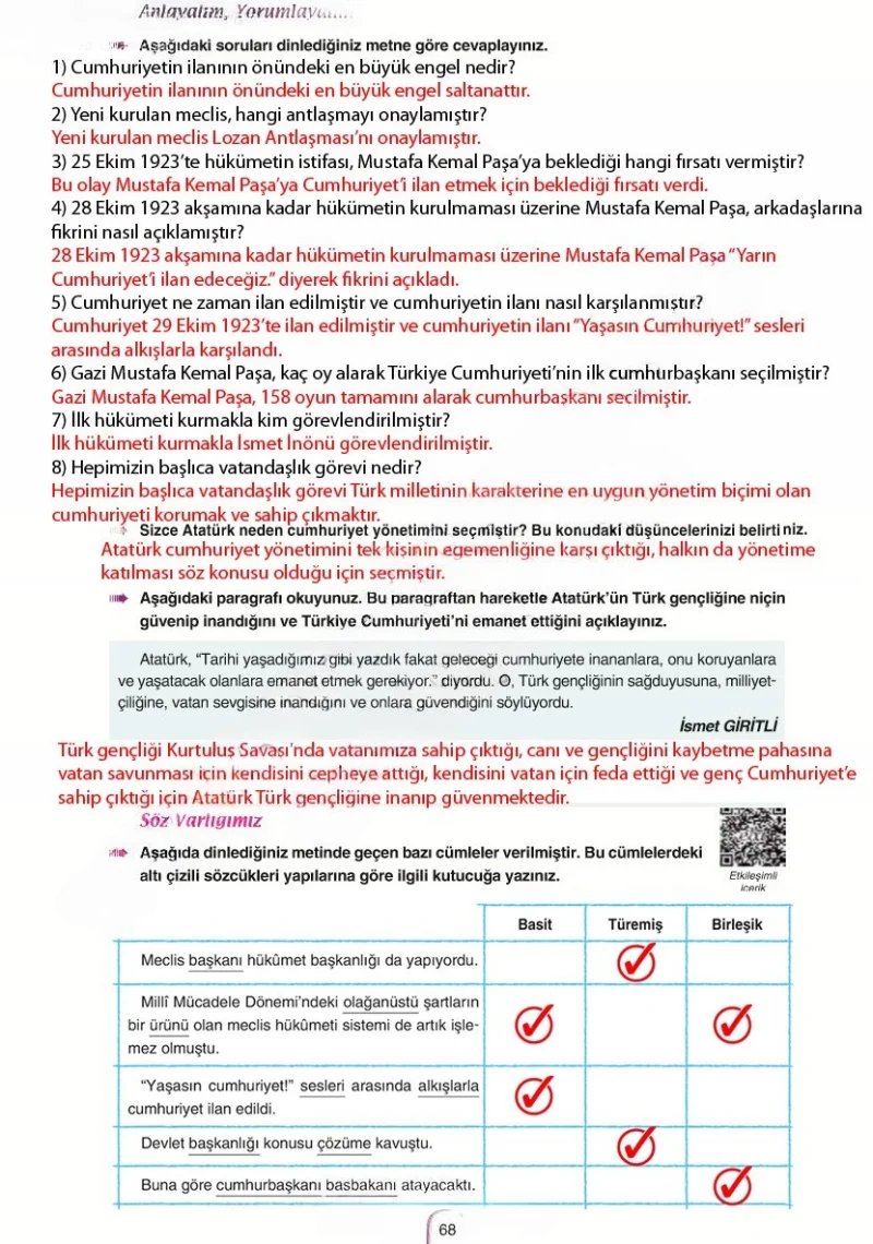 6. Sınıf Türkçe Ders Kitabı Cevapları Yıldırım Yayınları Sayfa 68 Çözüm Görseli