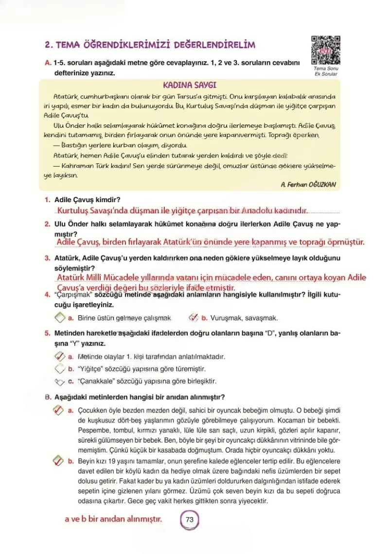 6. Sınıf Türkçe Ders Kitabı Cevapları Yıldırım Yayınları Sayfa 73 Çözüm Görseli