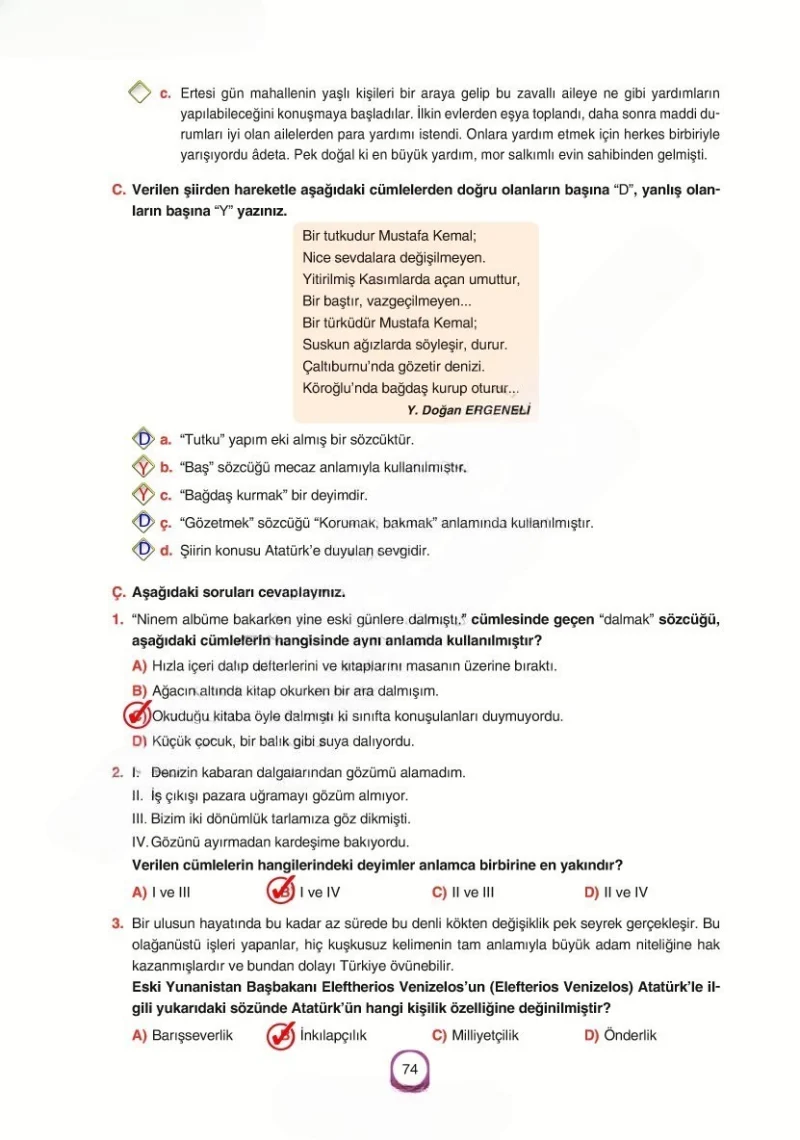 6. Sınıf Türkçe Ders Kitabı Cevapları Yıldırım Yayınları Sayfa 74 Çözüm Görseli