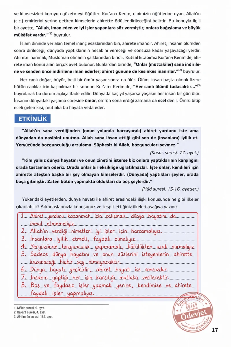 7. Sınıf Din Kültürü ve Ahlak Bilgisi Ders Kitabı Cevapları Gün Yayınları Sayfa 17 Çözüm Görseli
