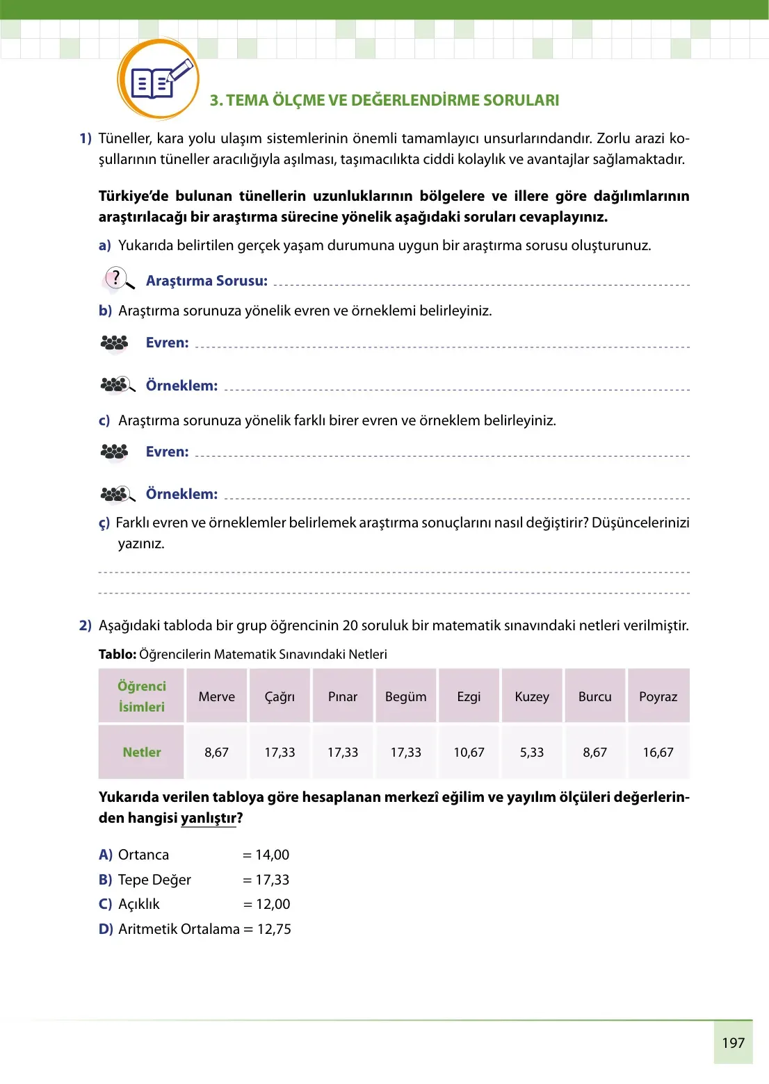7. Sınıf Matematik Ders Kitabı Cevapları Meb Yayınları 1. Kitap Sayfa 197