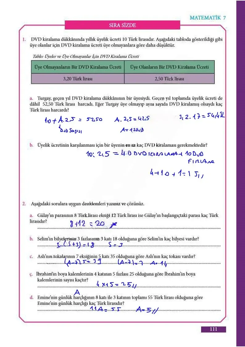 7. Sınıf Matematik Ders Kitabı Cevapları Meb Yayınları Sayfa 111 Çözüm Görseli
