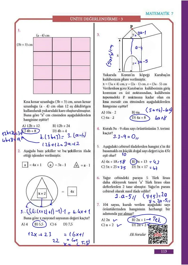 7. Sınıf Matematik Ders Kitabı Cevapları Meb Yayınları Sayfa 113 Çözüm Görseli