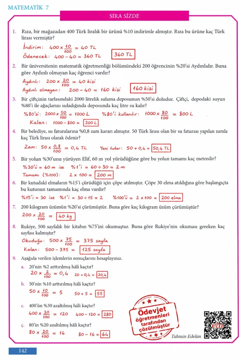 7. Sınıf Matematik Ders Kitabı Cevapları Meb Yayınları Sayfa 142 Çözüm Görseli