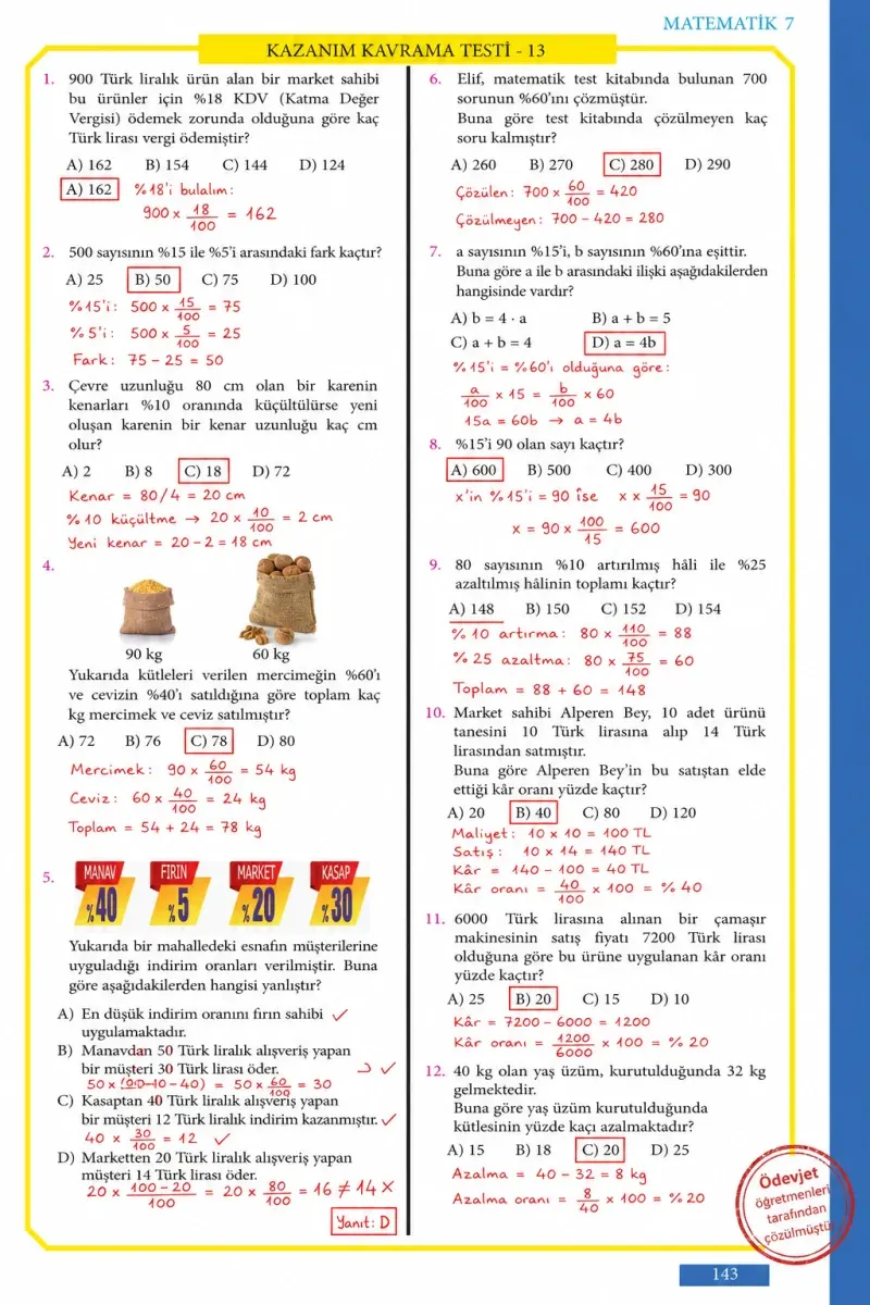 7. Sınıf Matematik Ders Kitabı Cevapları Meb Yayınları Sayfa 143 Çözüm Görseli