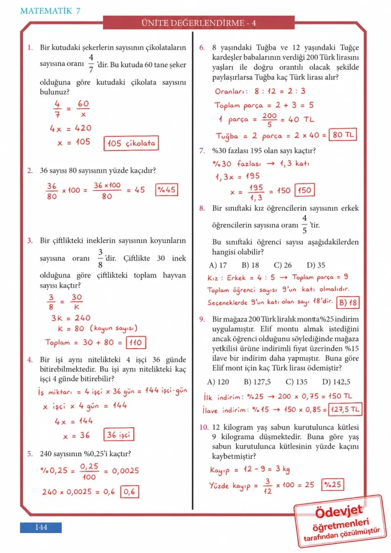 7. Sınıf Matematik Ders Kitabı Cevapları Meb Yayınları Sayfa 144 Çözüm Görseli