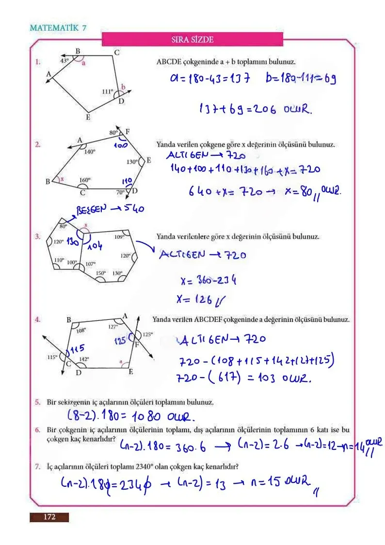 7. Sınıf Matematik Ders Kitabı Cevapları Meb Yayınları Sayfa 172 Çözüm Görseli