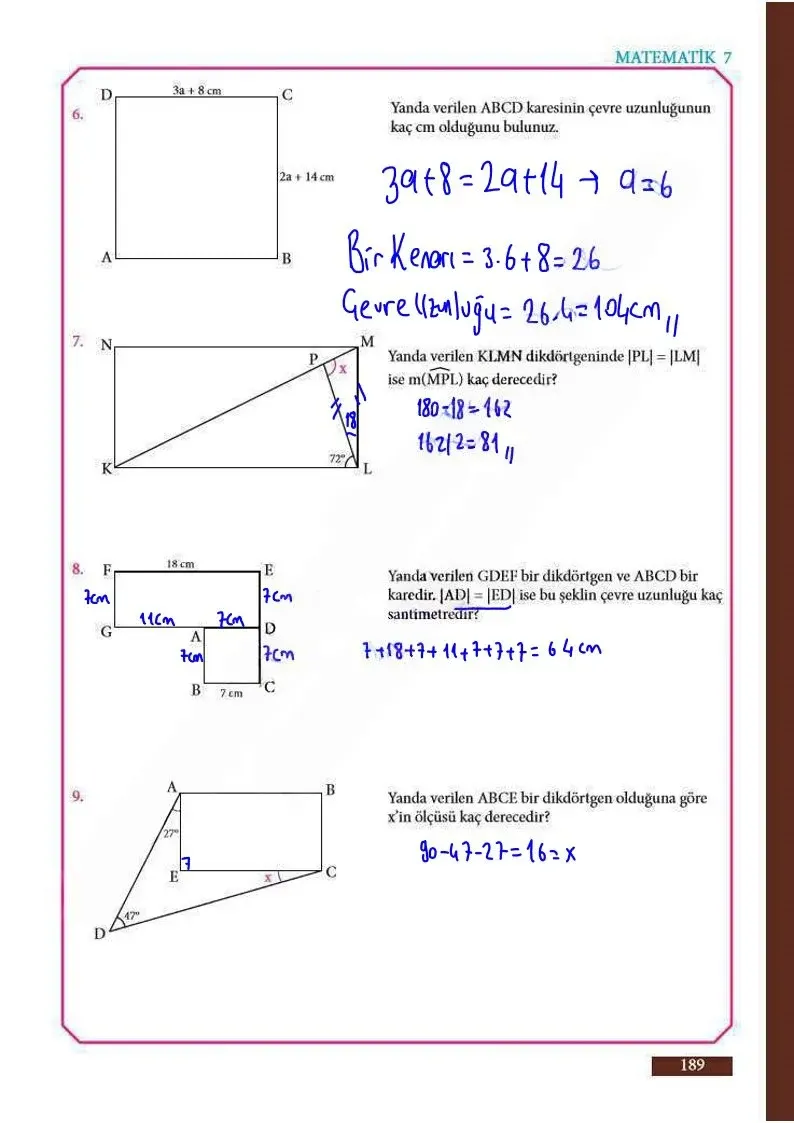 7. Sınıf Matematik Ders Kitabı Cevapları Meb Yayınları Sayfa 189 Çözüm Görseli