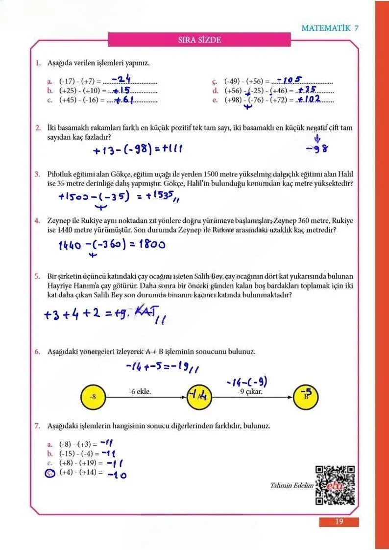 7. Sınıf Matematik Ders Kitabı Cevapları Meb Yayınları Sayfa 19 Çözüm Görseli