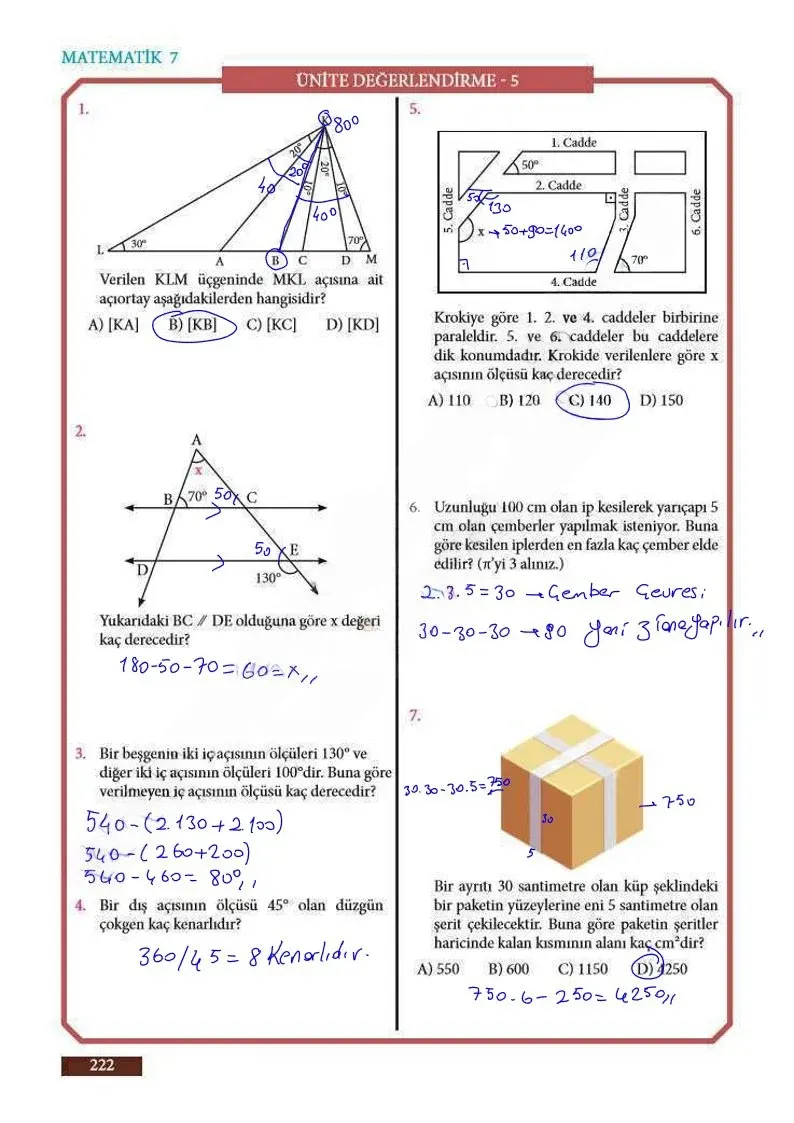 7. Sınıf Matematik Ders Kitabı Cevapları Meb Yayınları Sayfa 222 Çözüm Görseli