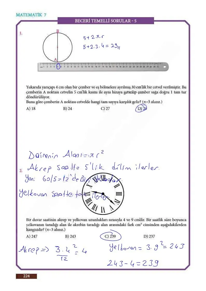 7. Sınıf Matematik Ders Kitabı Cevapları Meb Yayınları Sayfa 224 Çözüm Görseli