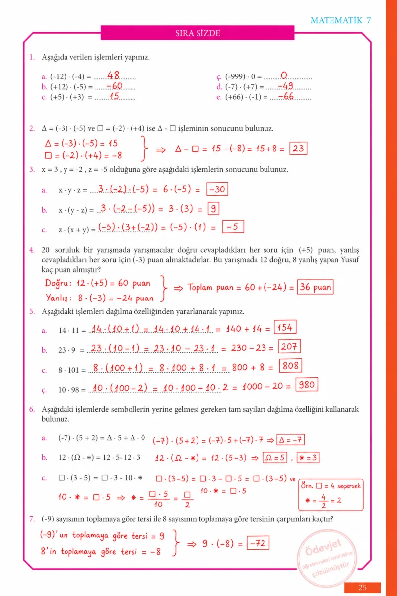 7. Sınıf Matematik Ders Kitabı Cevapları Meb Yayınları Sayfa 25 Çözüm Görseli