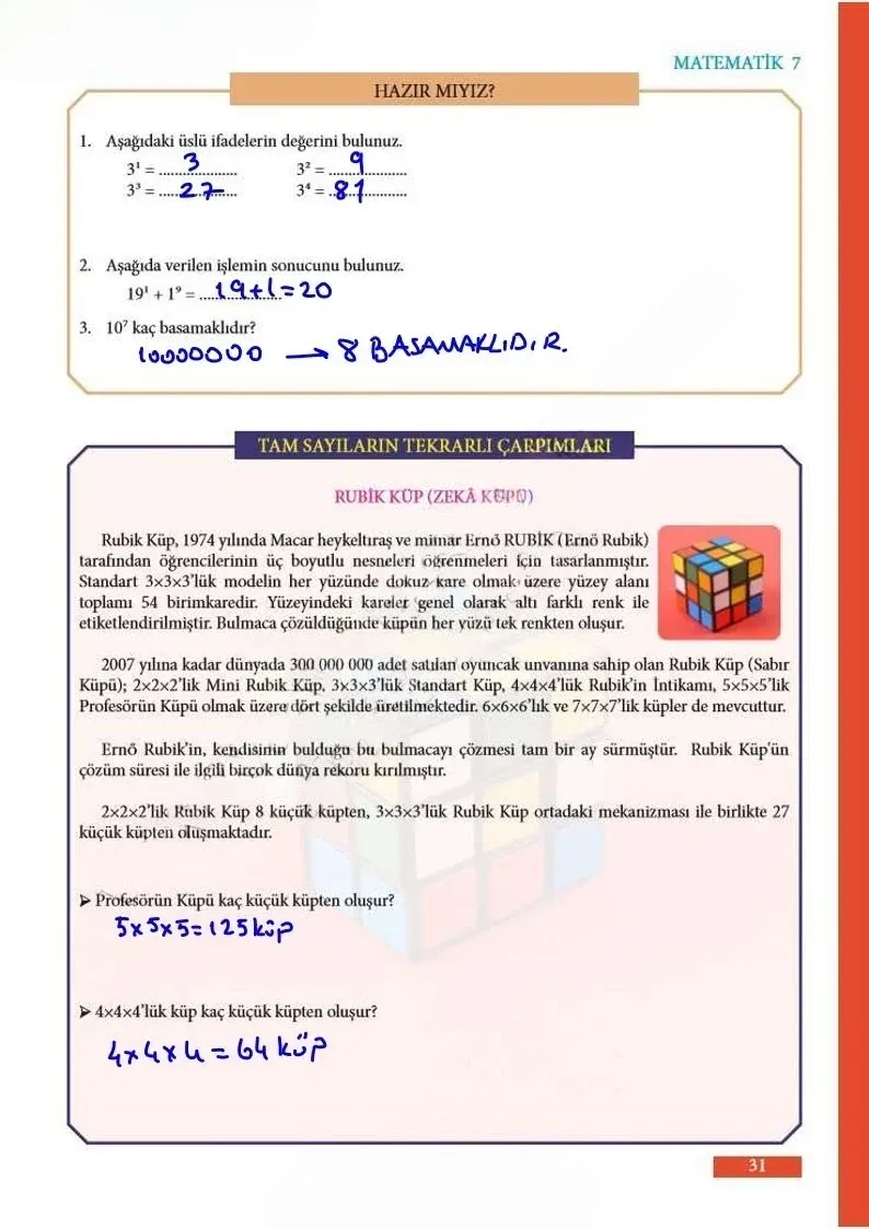 7. Sınıf Matematik Ders Kitabı Cevapları Meb Yayınları Sayfa 31 Çözüm Görseli