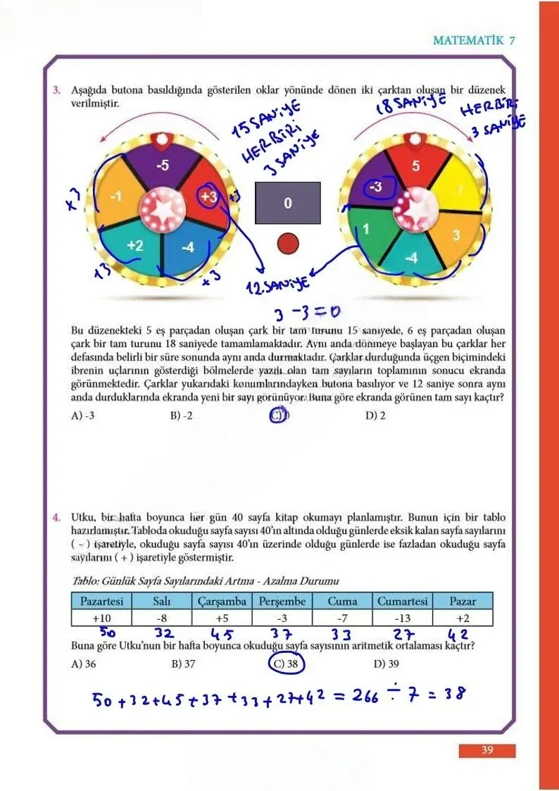 7. Sınıf Matematik Ders Kitabı Cevapları Meb Yayınları Sayfa 39 Çözüm Görseli