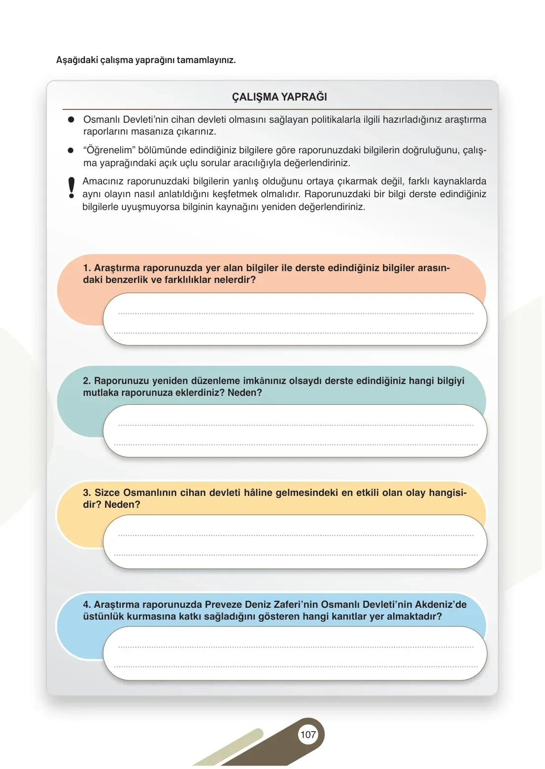 7. Sınıf Sosyal Bilgiler Ders Kitabı Cevapları Meb Yayınları 1. Kitap Sayfa 107