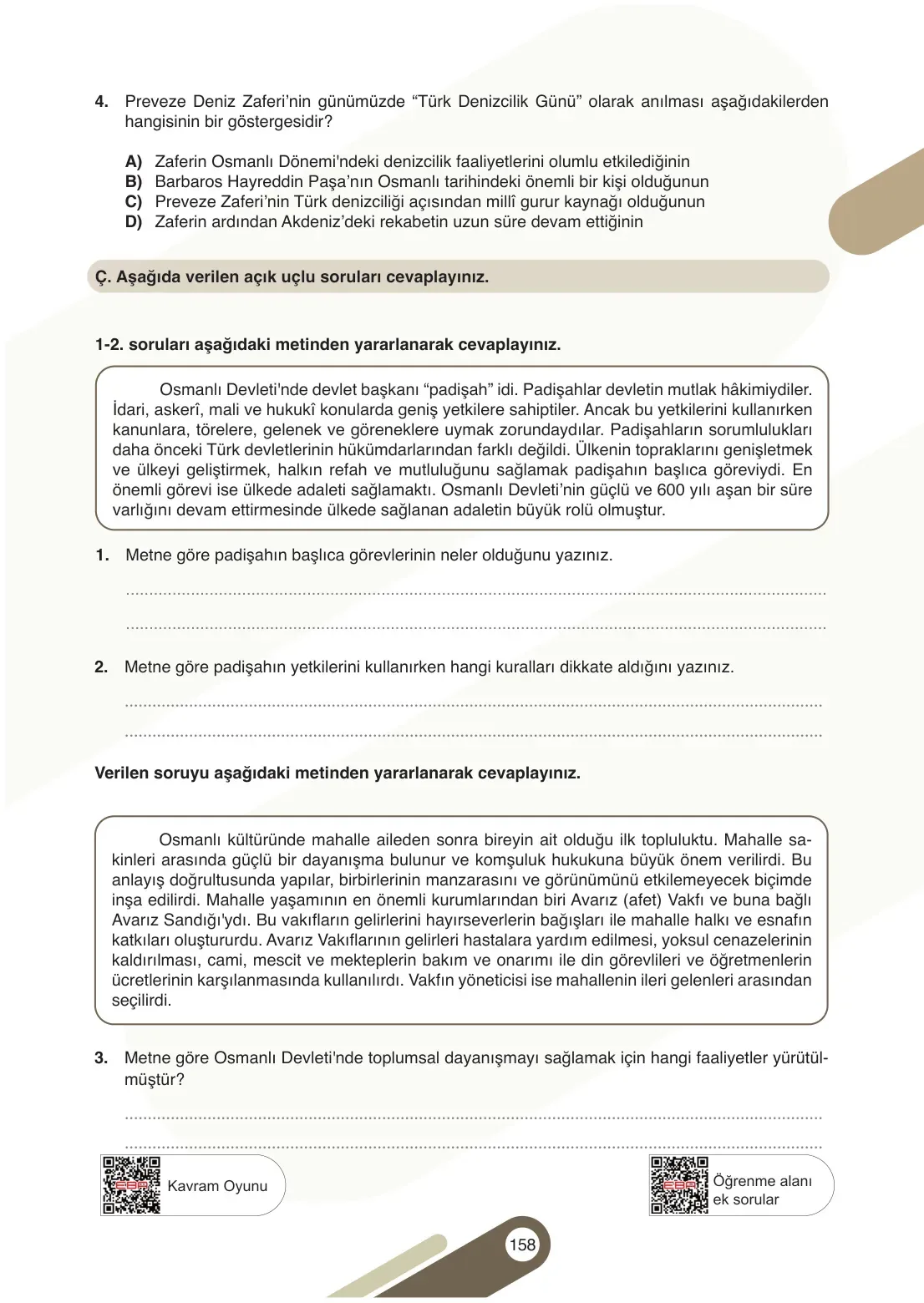 7. Sınıf Sosyal Bilgiler Ders Kitabı Cevapları Meb Yayınları 1. Kitap Sayfa 158