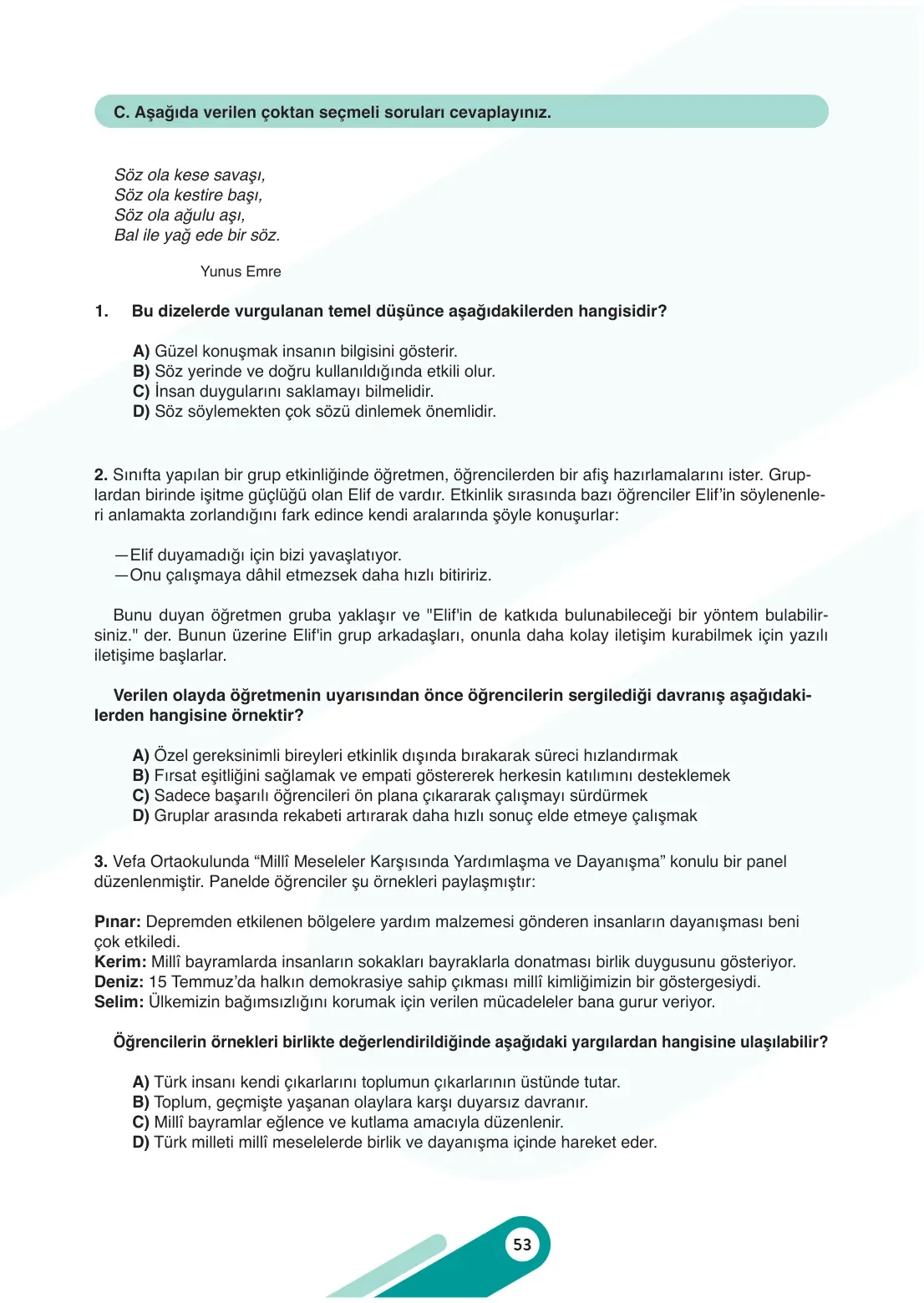 7. Sınıf Sosyal Bilgiler Ders Kitabı Cevapları Meb Yayınları 1. Kitap Sayfa 53