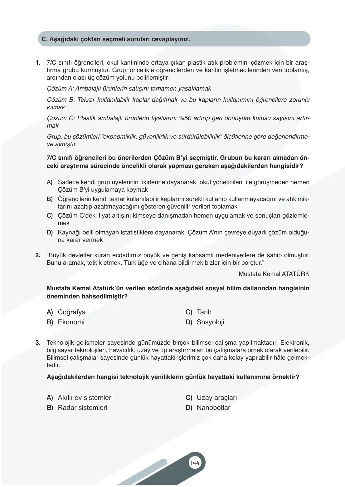 7. Sınıf Sosyal Bilgiler Ders Kitabı Cevapları Meb Yayınları 2. Kitap Sayfa 144
