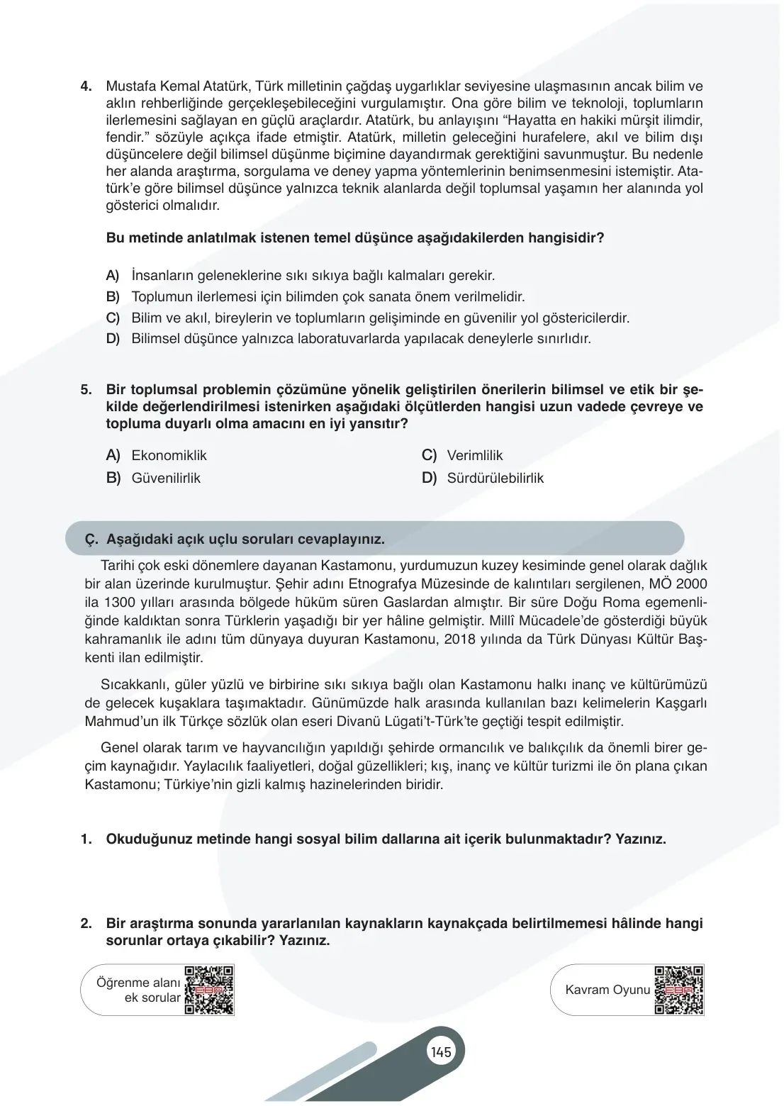 7. Sınıf Sosyal Bilgiler Ders Kitabı Cevapları Meb Yayınları 2. Kitap Sayfa 145