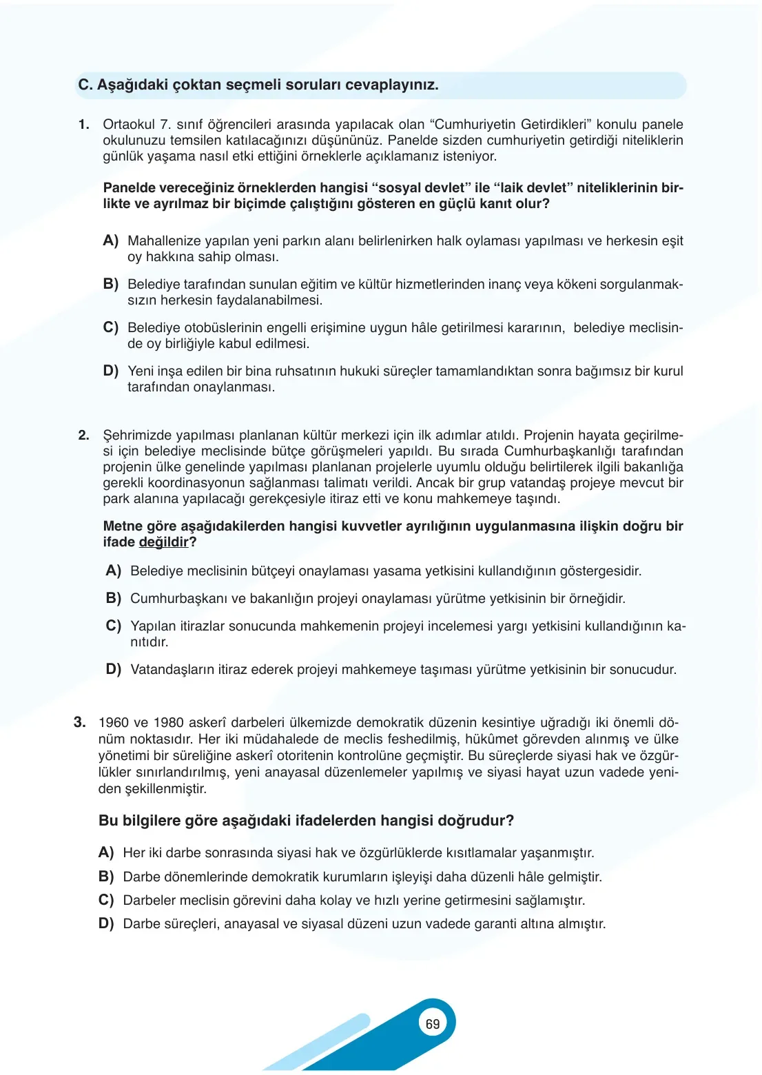 7. Sınıf Sosyal Bilgiler Ders Kitabı Cevapları Meb Yayınları 2. Kitap Sayfa 69