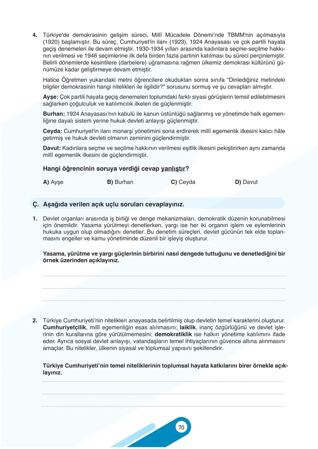 7. Sınıf Sosyal Bilgiler Ders Kitabı Cevapları Meb Yayınları 2. Kitap Sayfa 70