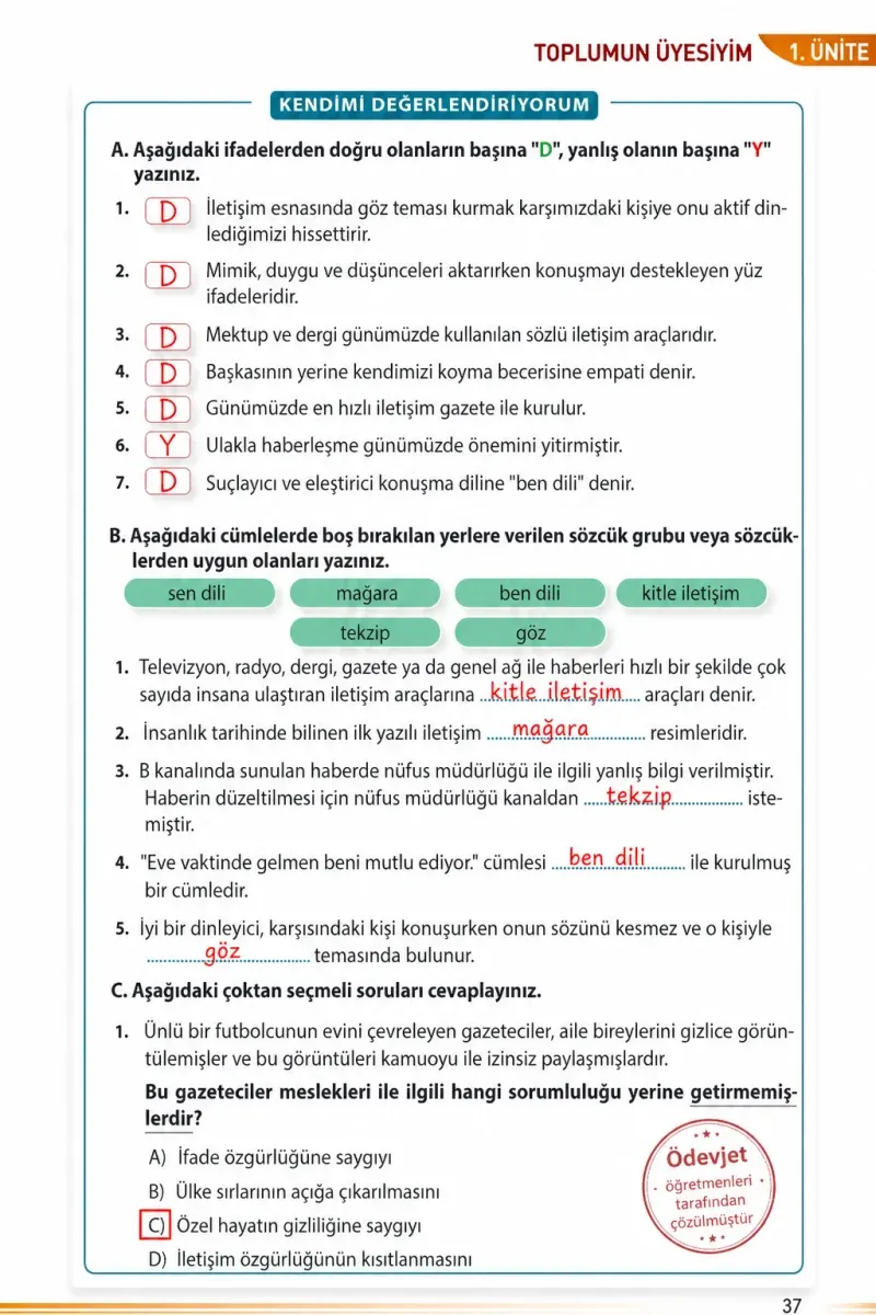 7. Sınıf Sosyal Bilgiler Ders Kitabı Cevapları Meb Yayınları Sayfa 37 Çözüm Görseli