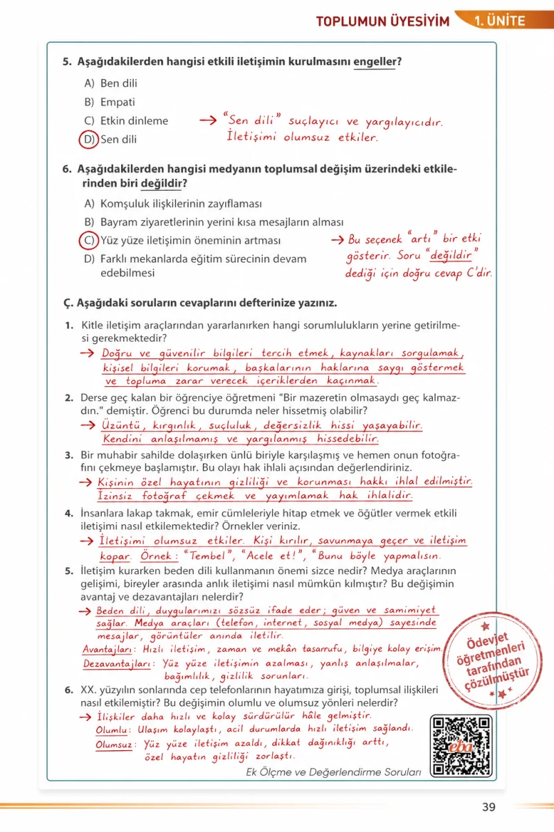 7. Sınıf Sosyal Bilgiler Ders Kitabı Cevapları Meb Yayınları Sayfa 39 Çözüm Görseli
