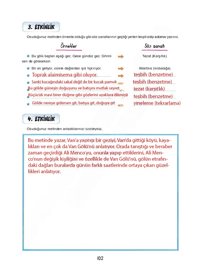 7. Sınıf Türkçe Ders Kitabı Cevapları Dörtel Yayınları Sayfa 102 Çözüm Görseli