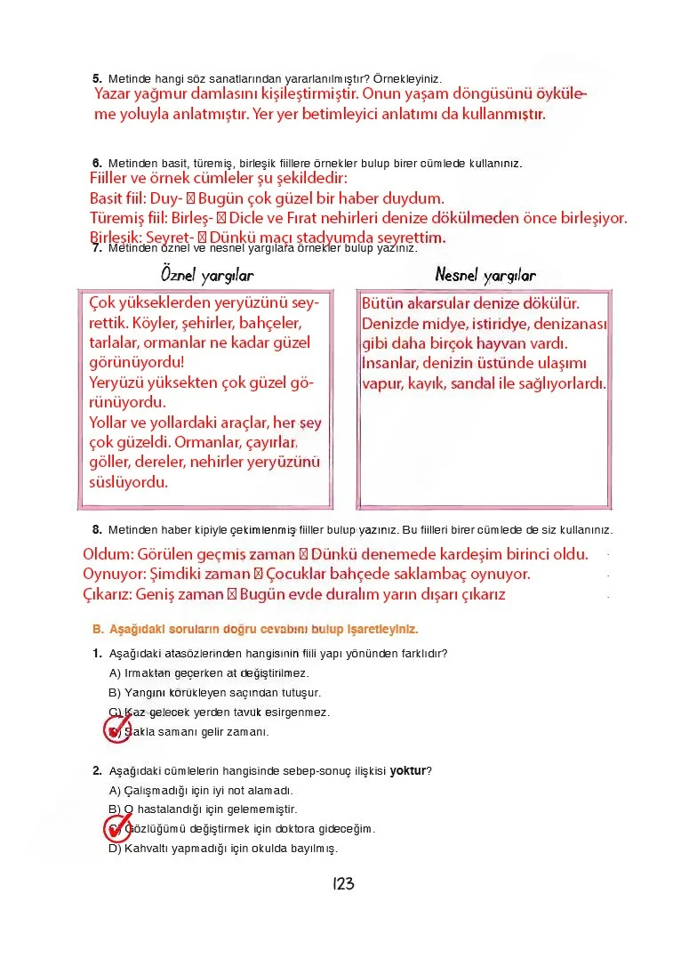 7. Sınıf Türkçe Ders Kitabı Cevapları Dörtel Yayınları Sayfa 123 Çözüm Görseli
