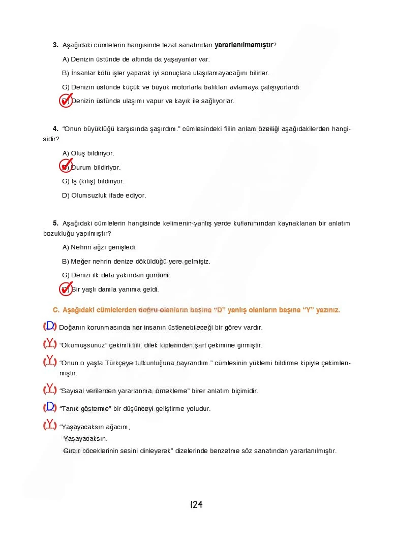 7. Sınıf Türkçe Ders Kitabı Cevapları Dörtel Yayınları Sayfa 124 Çözüm Görseli