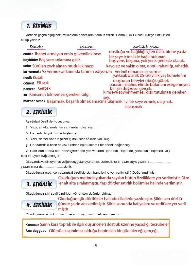 7. Sınıf Türkçe Ders Kitabı Cevapları Dörtel Yayınları Sayfa 14 Çözüm Görseli