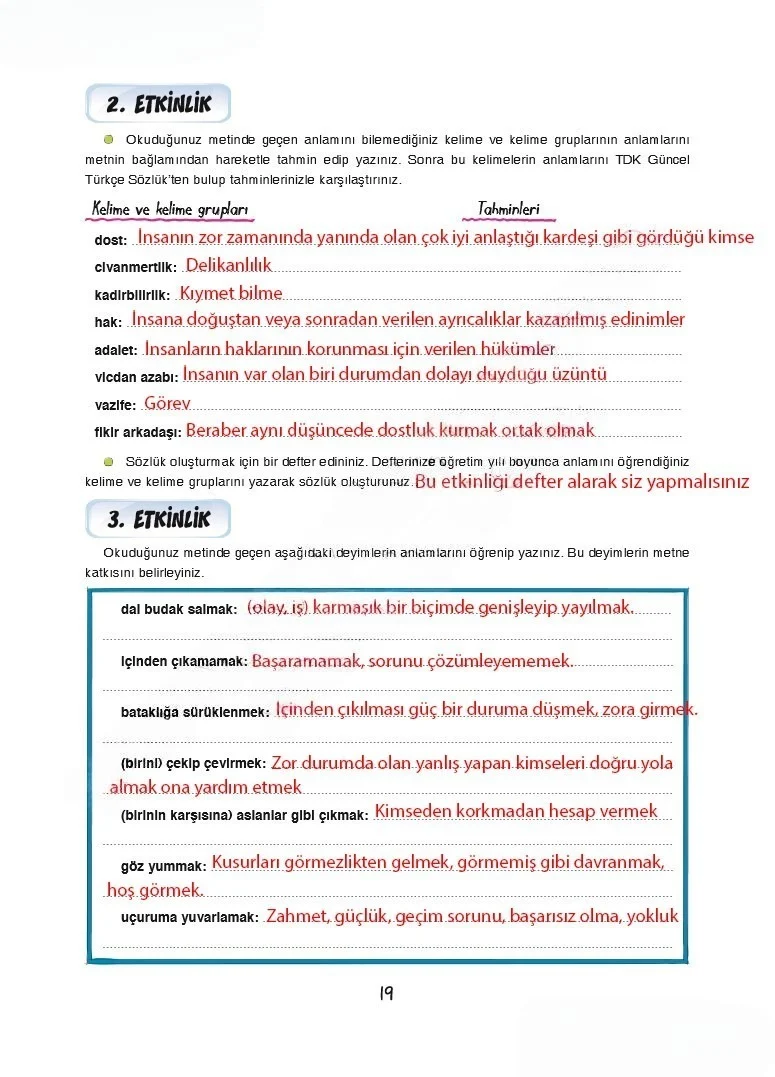 7. Sınıf Türkçe Ders Kitabı Cevapları Dörtel Yayınları Sayfa 19 Çözüm Görseli