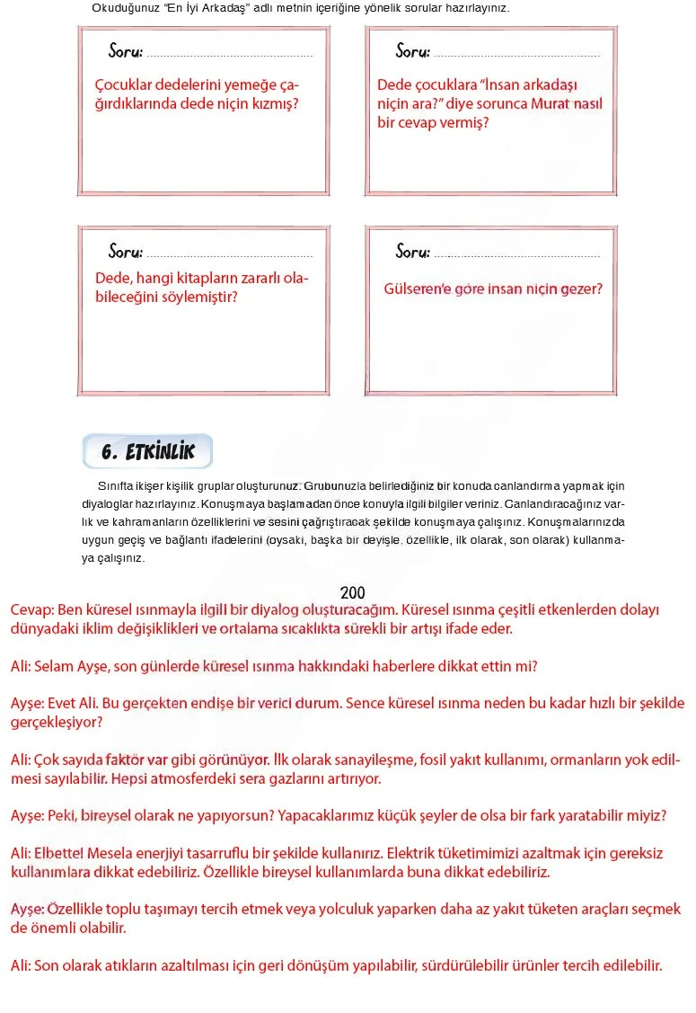 7. Sınıf Türkçe Ders Kitabı Cevapları Dörtel Yayınları Sayfa 200 Çözüm Görseli