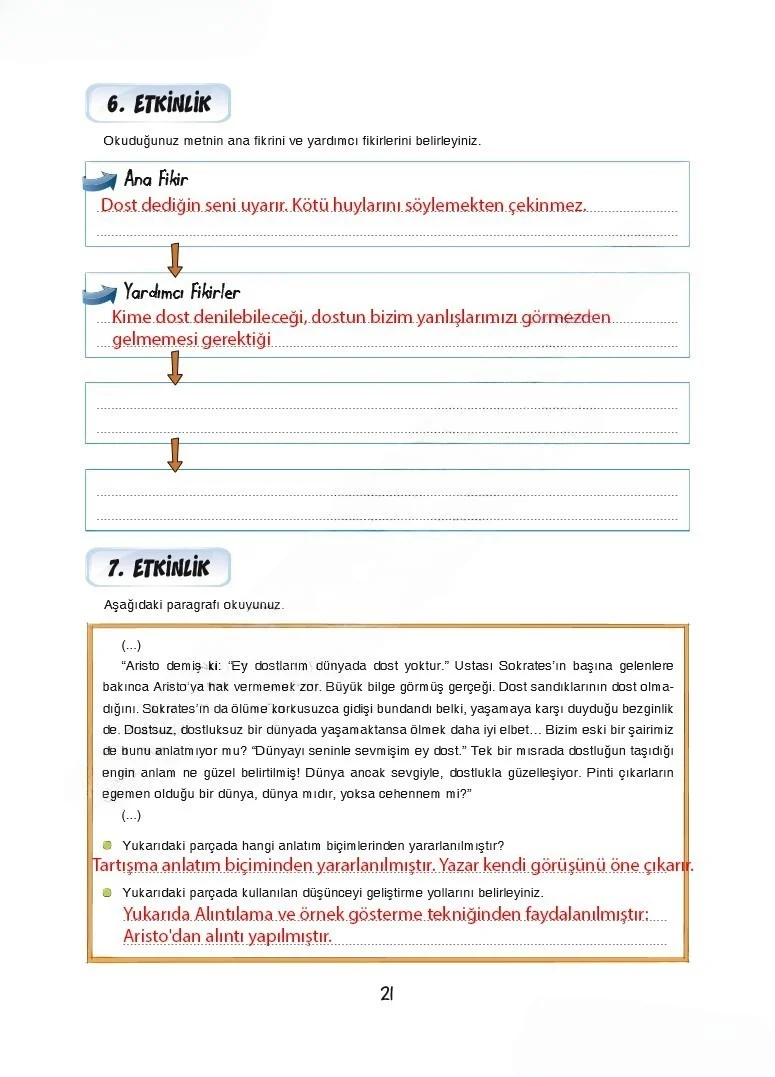7. Sınıf Türkçe Ders Kitabı Cevapları Dörtel Yayınları Sayfa 21 Çözüm Görseli