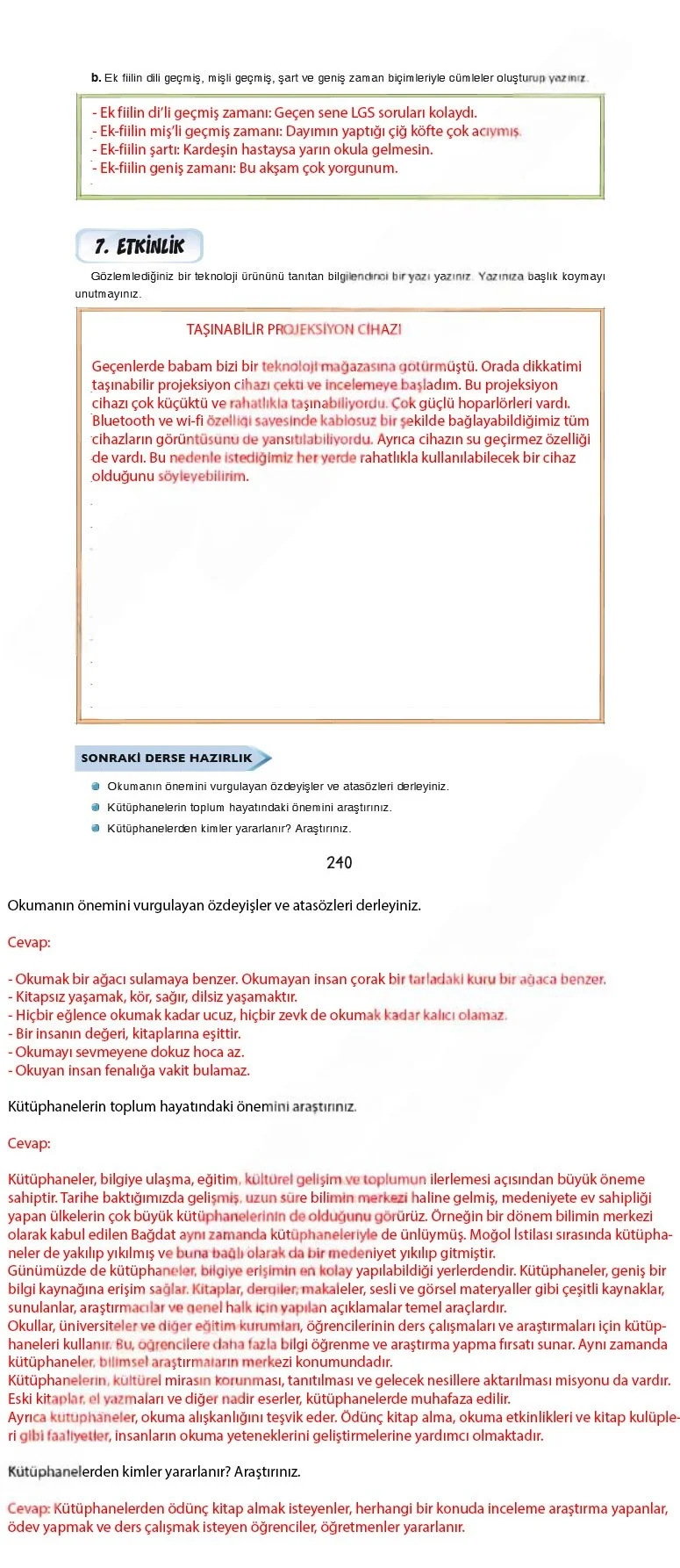 7. Sınıf Türkçe Ders Kitabı Cevapları Dörtel Yayınları Sayfa 240 Çözüm Görseli