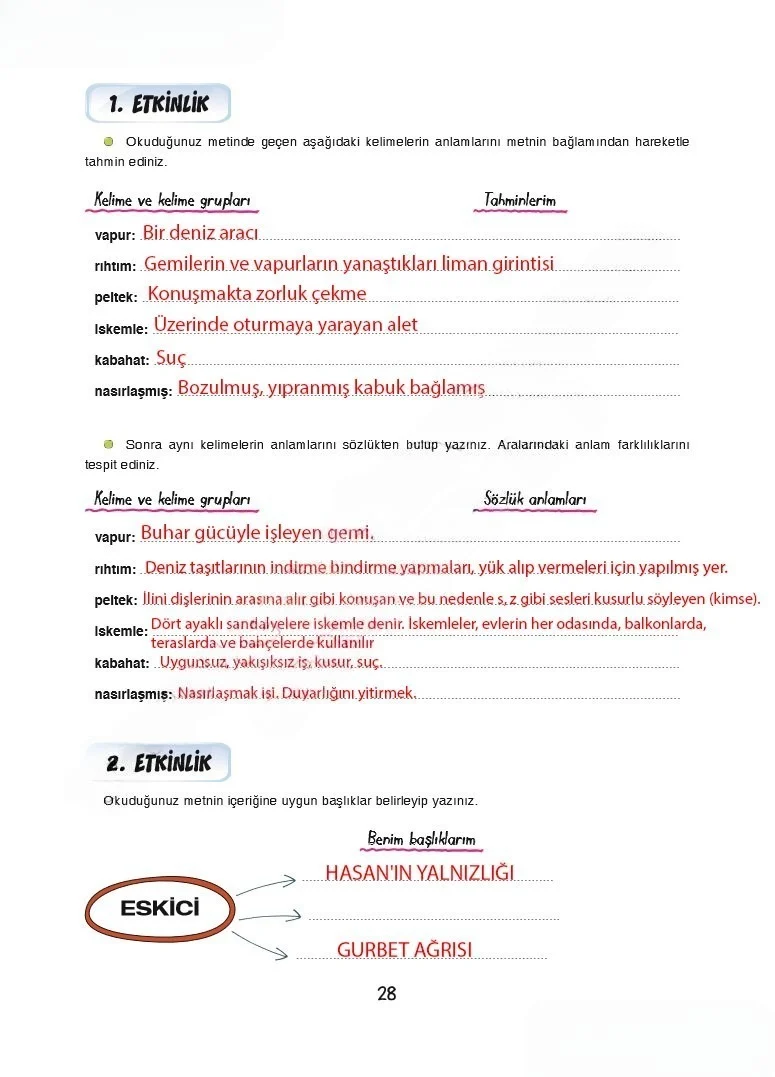 7. Sınıf Türkçe Ders Kitabı Cevapları Dörtel Yayınları Sayfa 28 Çözüm Görseli