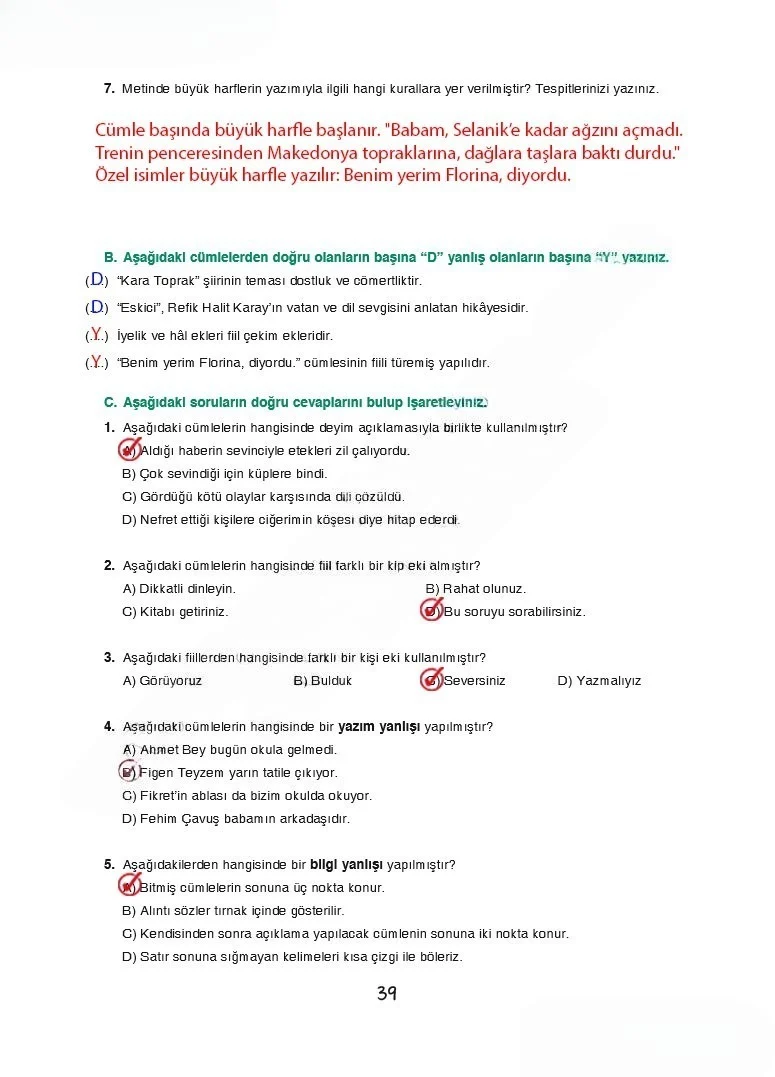7. Sınıf Türkçe Ders Kitabı Cevapları Dörtel Yayınları Sayfa 39 Çözüm Görseli