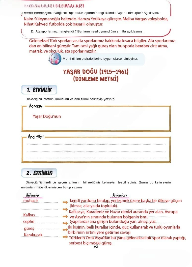 7. Sınıf Türkçe Ders Kitabı Cevapları Dörtel Yayınları Sayfa 62 Çözüm Görseli