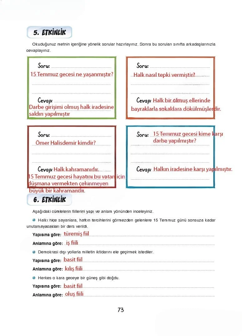 7. Sınıf Türkçe Ders Kitabı Cevapları Dörtel Yayınları Sayfa 73 Çözüm Görseli