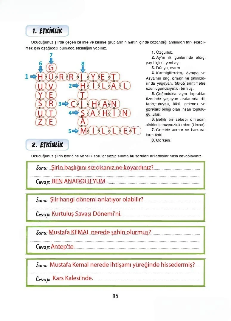 7. Sınıf Türkçe Ders Kitabı Cevapları Dörtel Yayınları Sayfa 85 Çözüm Görseli