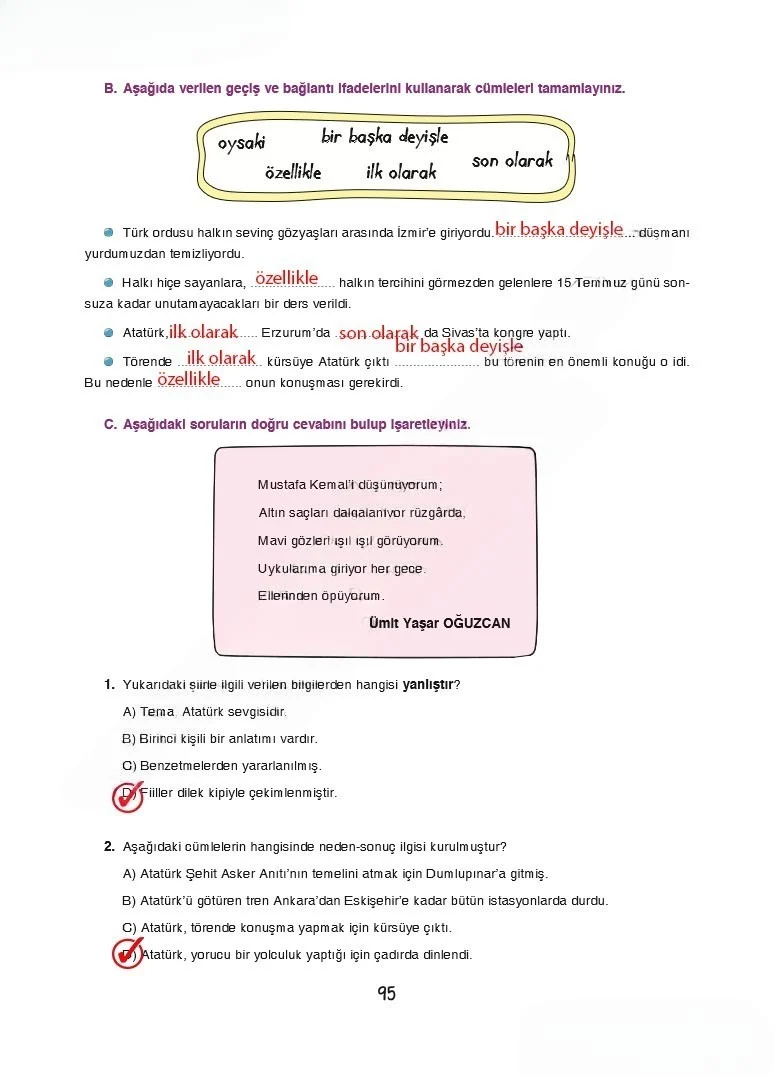 7. Sınıf Türkçe Ders Kitabı Cevapları Dörtel Yayınları Sayfa 95 Çözüm Görseli
