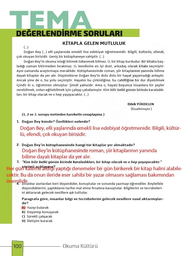 7. Sınıf Türkçe Ders Kitabı Cevapları Meb Yayınları 1. Kitap Sayfa 100 Çözüm Görseli